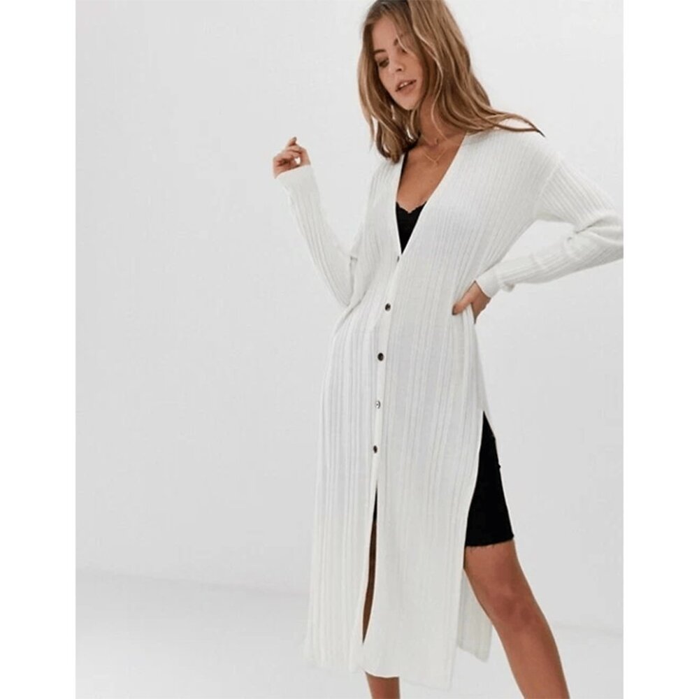 Free People Longline Ribbed Knit Cardigan White - Picture 2 of 4